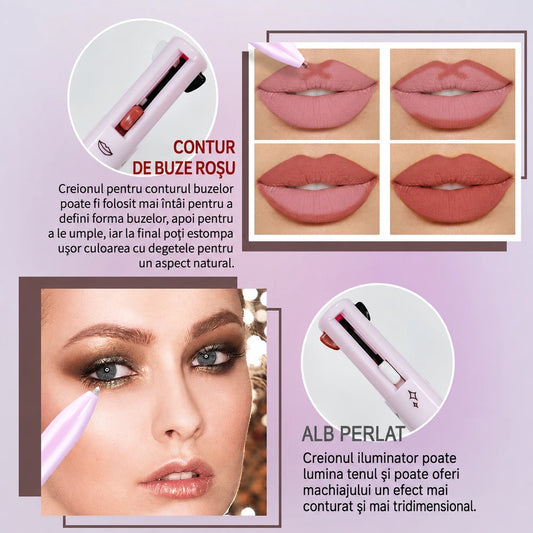 Creion Multifuncțional de Machiaj 4 în 1 cu Rezerve – Eyeliner, Iluminator, Contur de Buze și Sprâncene